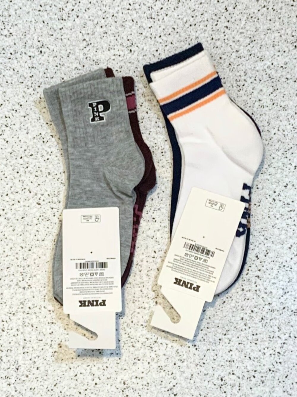 2X Victoria's Secret PINK 2 Pack Quarter Socks NWT Navy White Wild Rose 4 PAIR